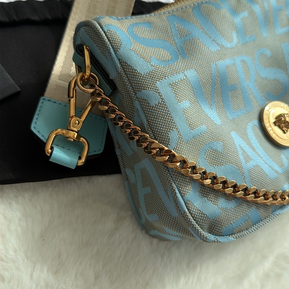 Versace Sky Blue Logo Crossbody Bag with Gold Chain - Picture 11 of 13